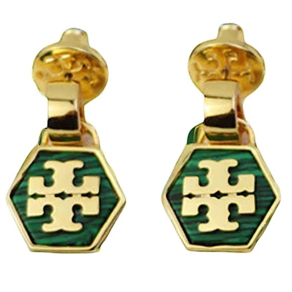 TORY BURCH • Green Malachite Hexagon Gold Drop Earrings - Picture 1 of 6